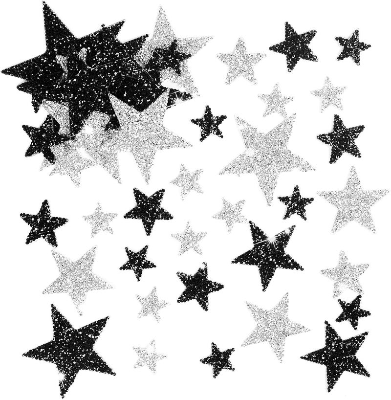 Torc 64Pcs Iron On Glitter Star Patches - Silver Rhinestone No Sew Appliques for Hats, DIY Crafts, Girly Fashion Accessories for Jeans, Shirts, Jackets, Iron On Patches (Silver & Black, Mixed Size) - Image 1